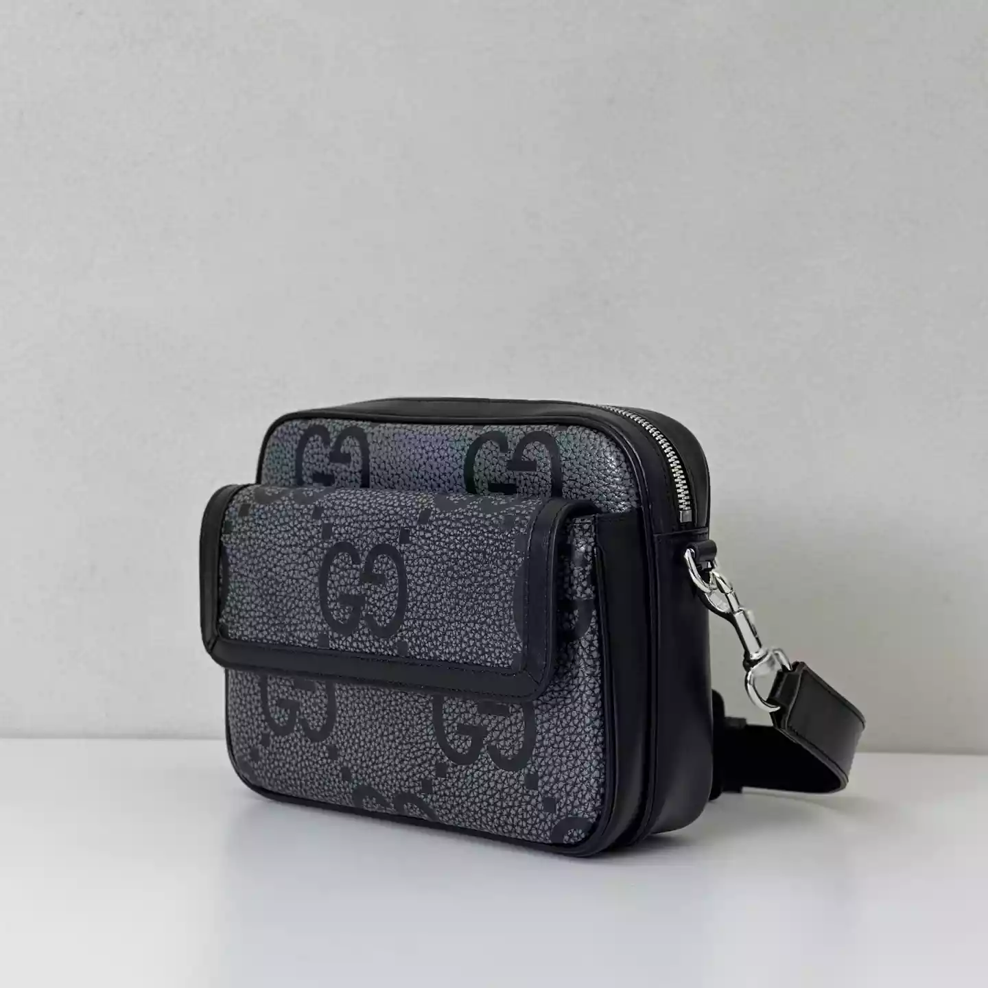 GG jumbo large belt bag in grey and black GG leather - BG078 GG jumbo large belt bag in grey and black GG leather
