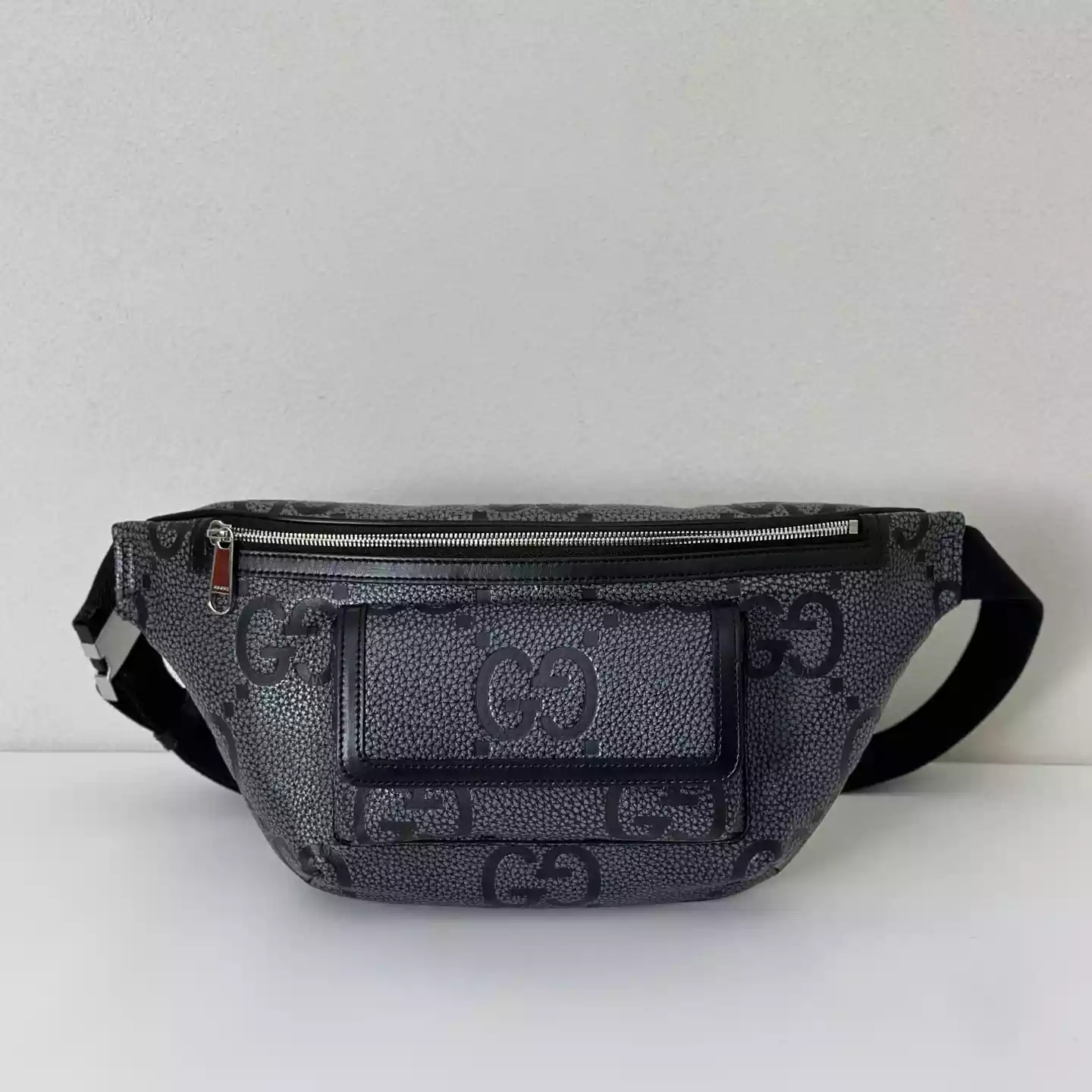 GG jumbo large belt bag in grey and black GG leather - BG078 GG jumbo large belt bag in grey and black GG leather