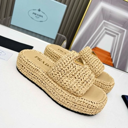 PRADA CROCHET FLATFORM SLIDES IN BEIGE RAFFIA-EFFECT YARN - PSD070