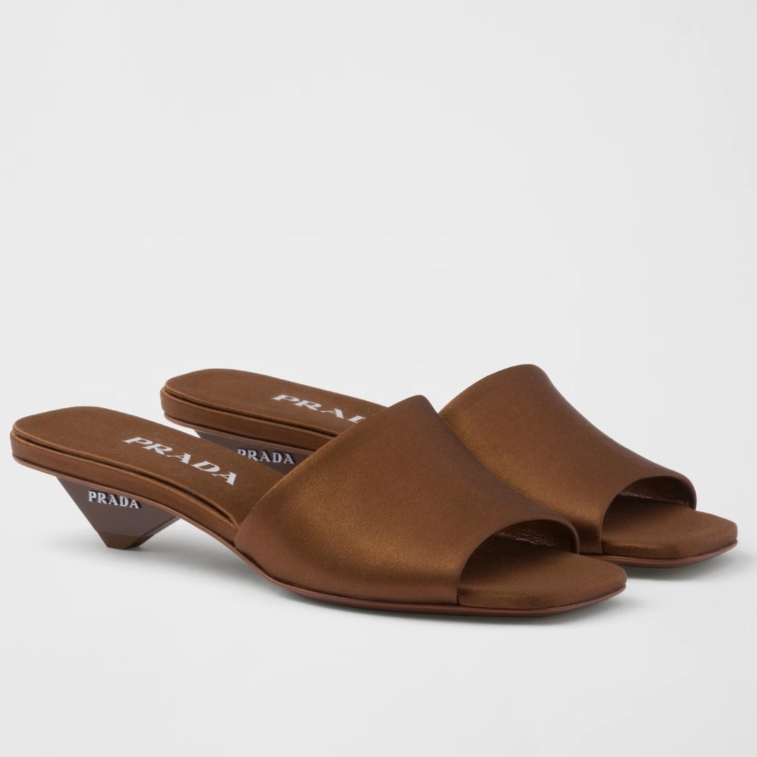 PRADA HEELED SLIDES 35MM IN TOBACCO SATIN - PSD065