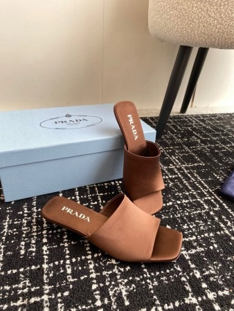 PRADA HEELED SLIDES 35MM IN TOBACCO SATIN - PSD065