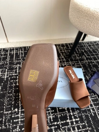 PRADA HEELED SLIDES 35MM IN TOBACCO SATIN - PSD065