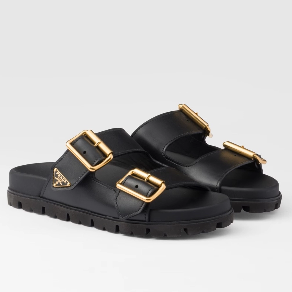 PRADA WOMEN'S STRAP SLIDES SANDALS IN BLACK LEATHER - PSD067