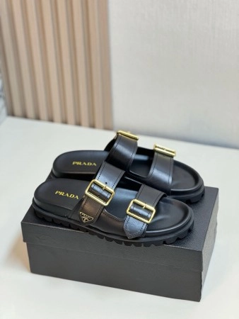 PRADA WOMEN'S STRAP SLIDES SANDALS IN BLACK LEATHER - PSD067