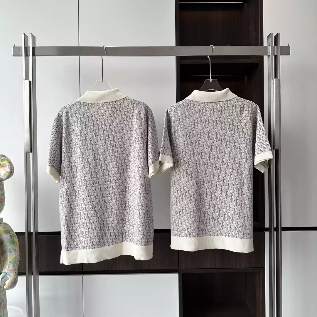 DI0R OBLIQUE POLO SHIRT WHITE, BLUE AND BROWN COTTON JACQUARD - DOT060