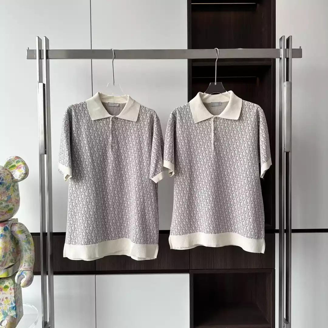 DI0R OBLIQUE POLO SHIRT WHITE, BLUE AND BROWN COTTON JACQUARD - DOT060