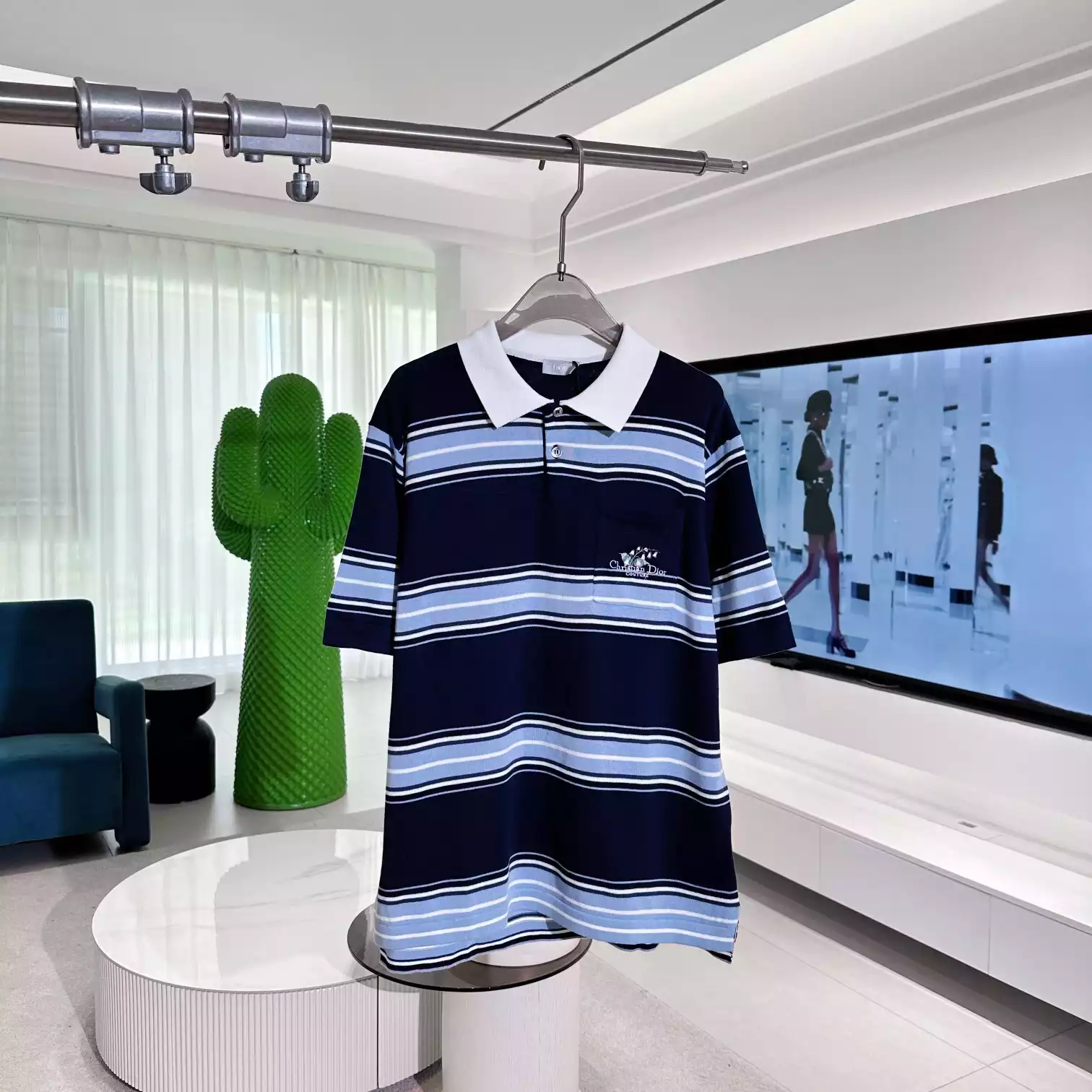 DIOR COUTURE LILY OF THE VALLEY POLO SHIRT BLUE COTTON AND CASHMERE JERSEY - DOT040