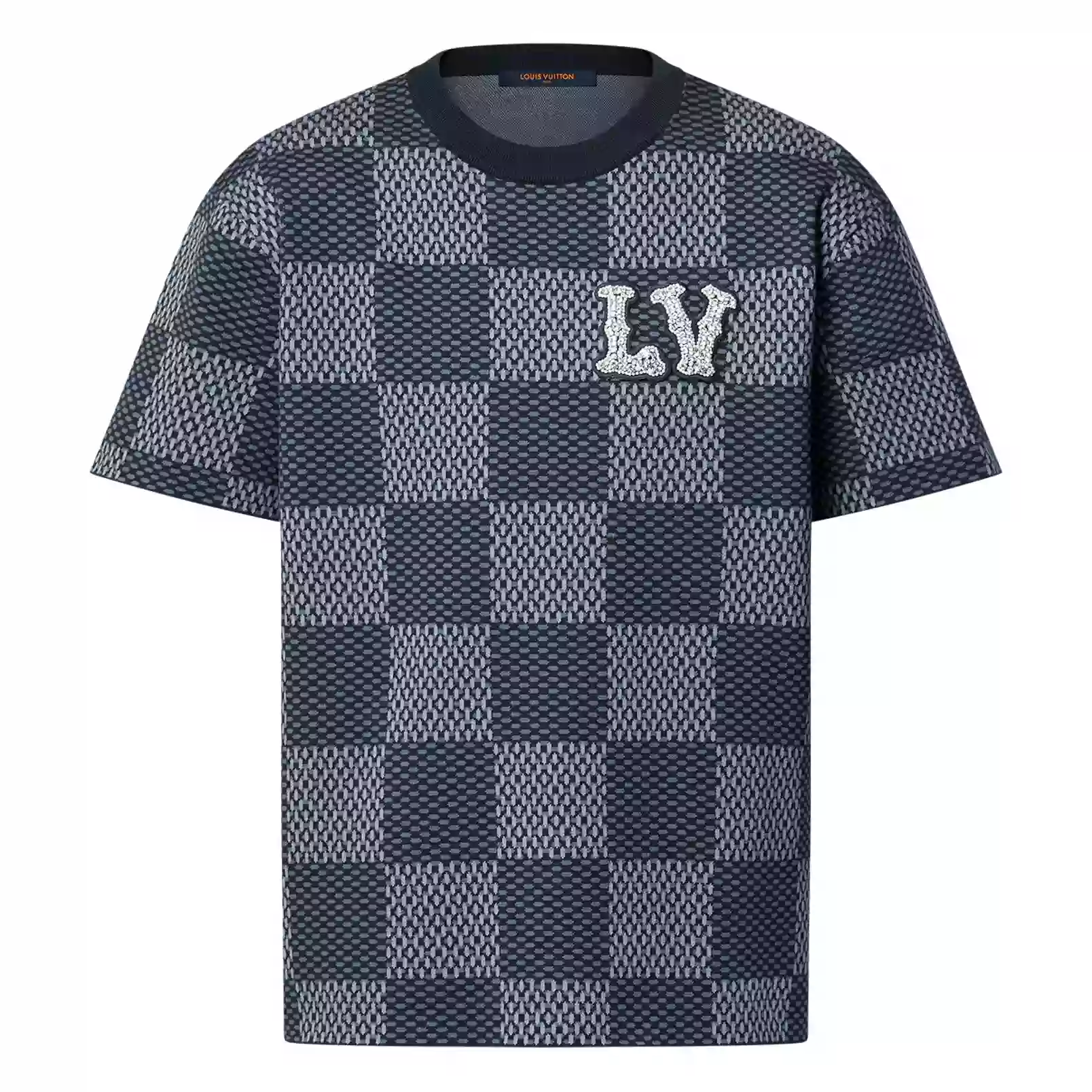 SHORT SLEEVED COTTON DAMIER CREWNECK WITH CRYSTAL LV PATCH - LVTS130 Damier Jacquard Short-Sleeved Crewneck - LVTS089
