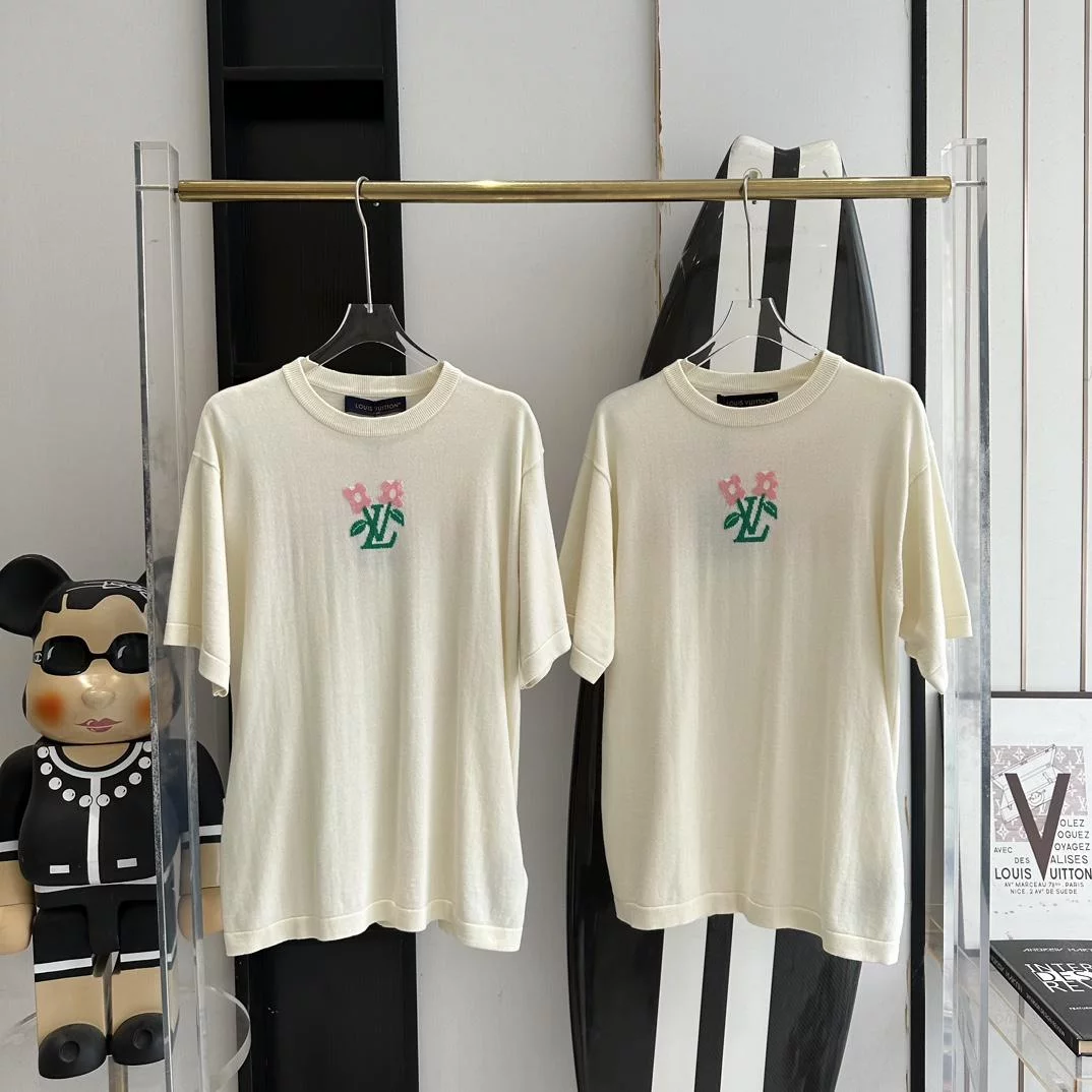 SHORT-SLEEVED COTTON KNITTED CREWNECK WHITE - LVTS137 Damier Jacquard Short-Sleeved Crewneck - LVTS089