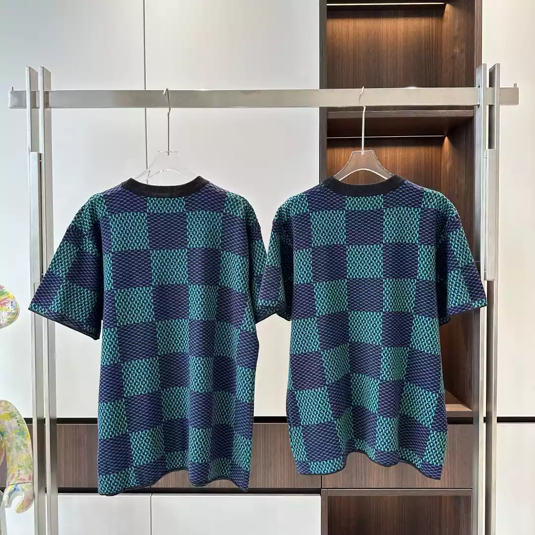 JACQUARD DAMIER SHORT-SLEEVED COTTON CREWNECK - LVTS131 Damier Jacquard Short-Sleeved Crewneck - LVTS089
