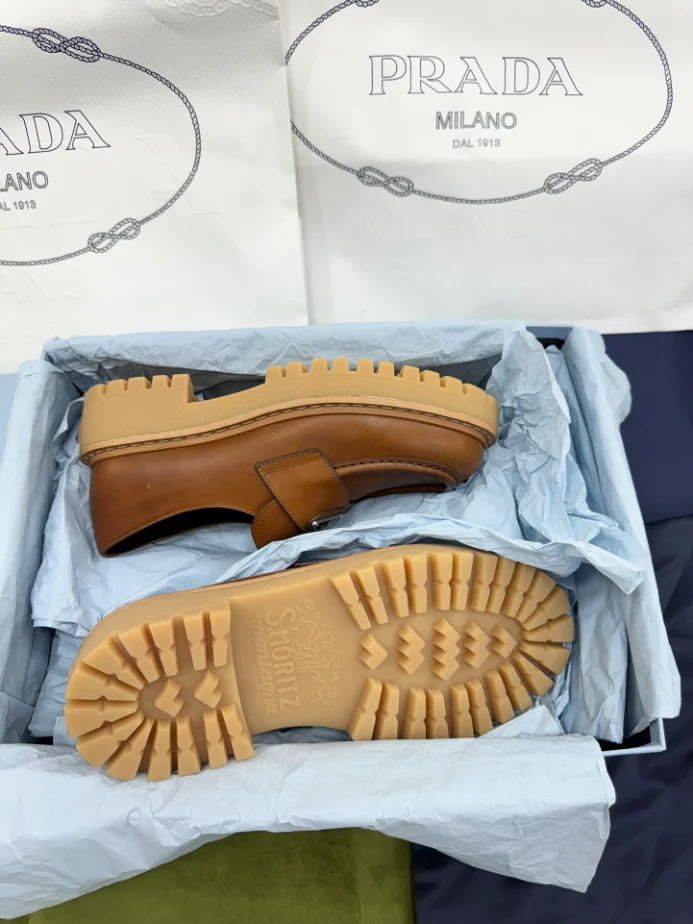 Prada Leather Loafers - PRL014 Prada Women's Double Chocolate Loafers in Cognac Leather