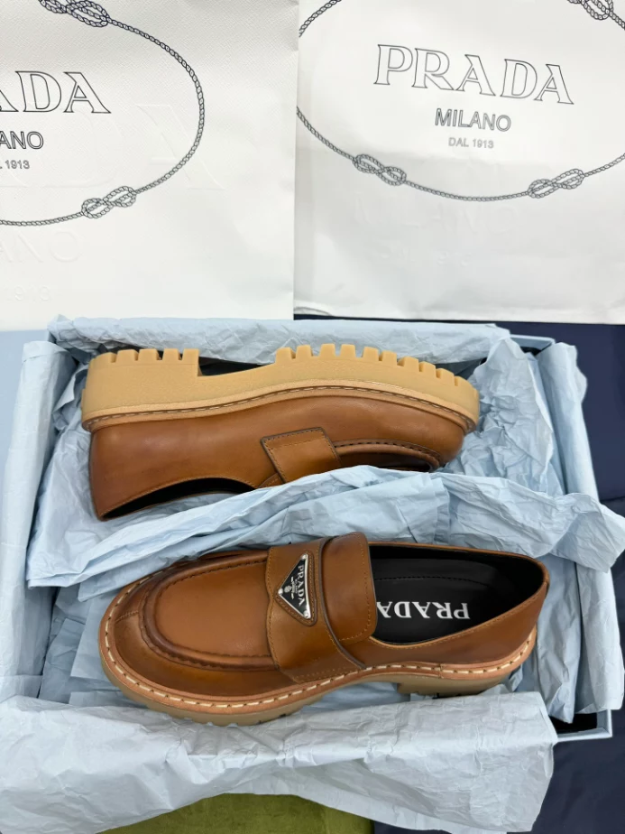 Prada Leather Loafers - PRL014 Prada Women's Double Chocolate Loafers in Cognac Leather